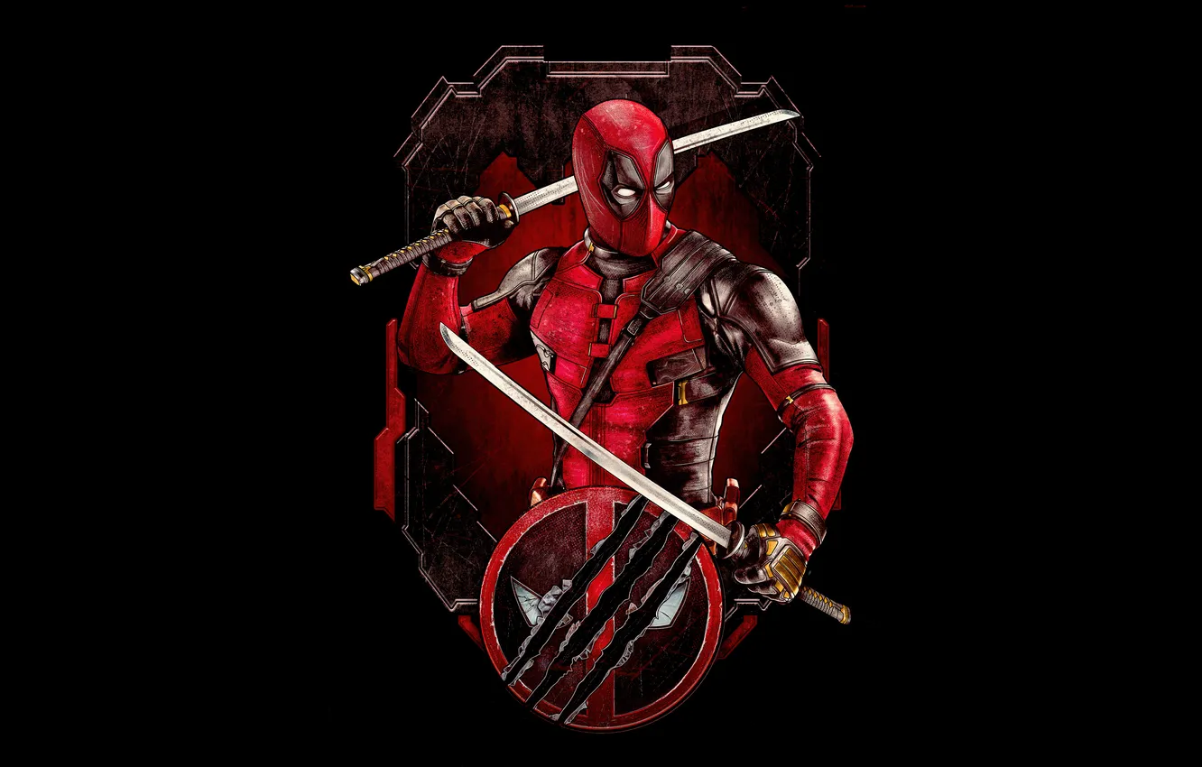 Photo wallpaper sword, katana, art, costume, black background, poster, Deadpool, Marvel
