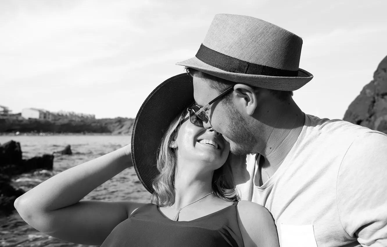 Photo wallpaper girl, happiness, smile, hat, pair, male, lovers