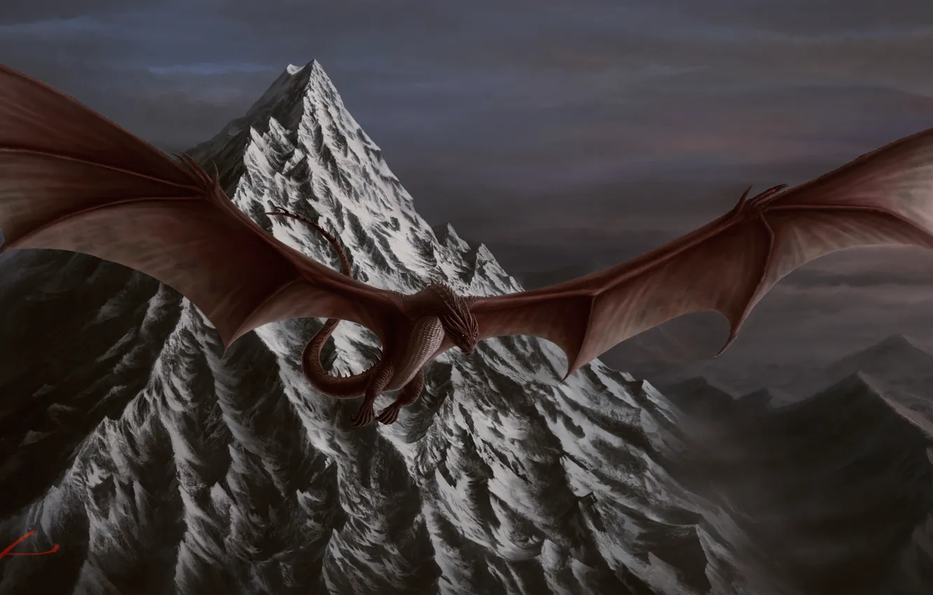 Photo wallpaper mountains, dragon, painting, artwork