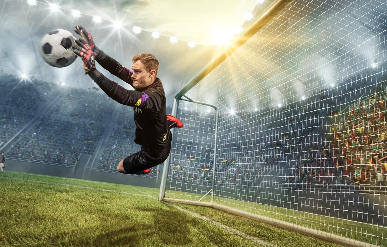 Photo wallpaper photo, The ball, Sport, Jump, Football, Male, Goalkeeper