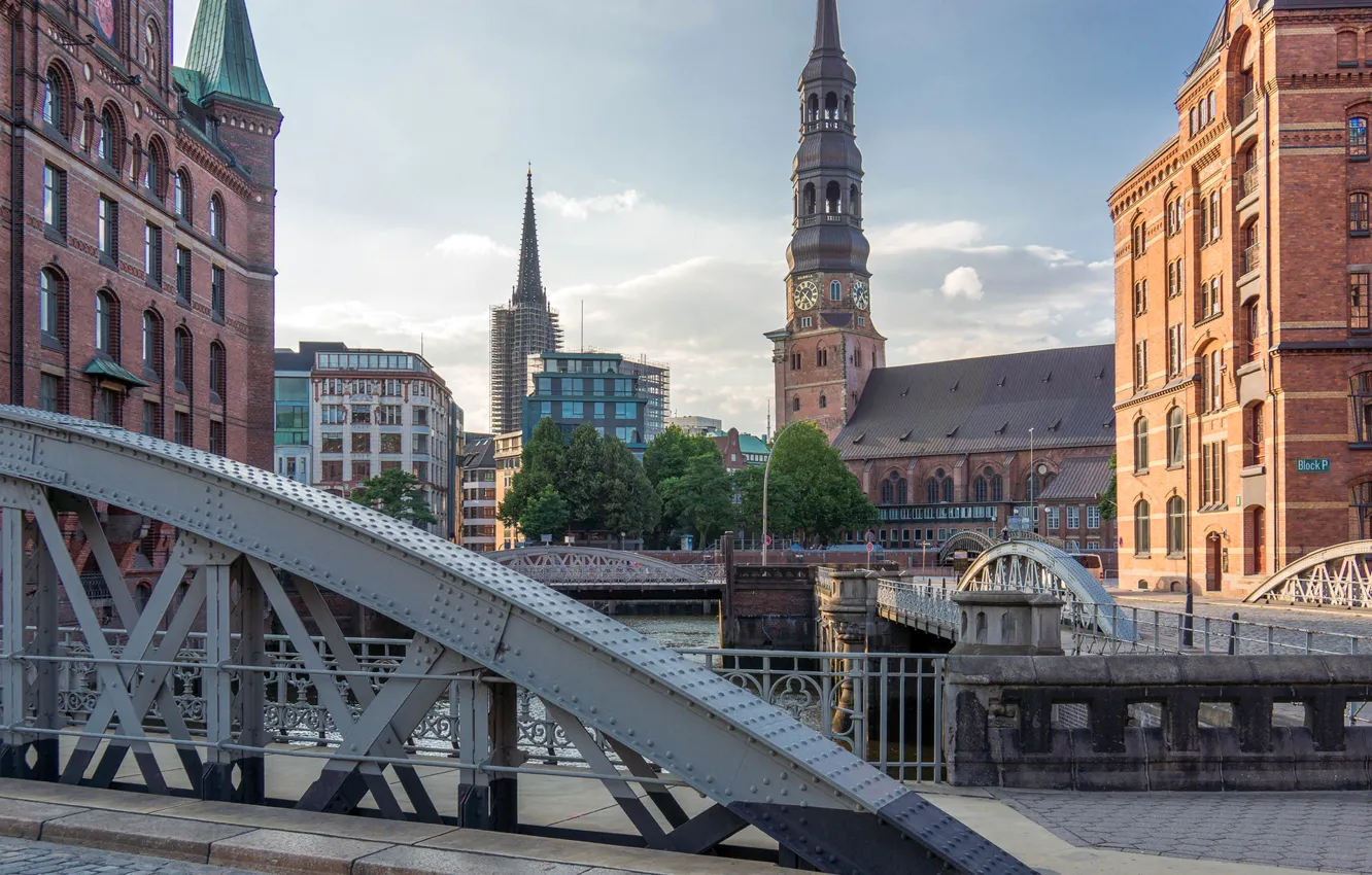 Photo wallpaper the sky, bridge, watch, tower, home, Germany, Church, channel