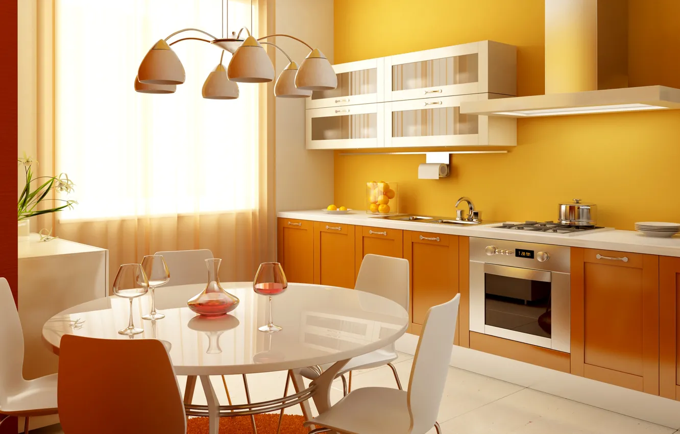 Photo wallpaper table, kitchen, plate, chandelier