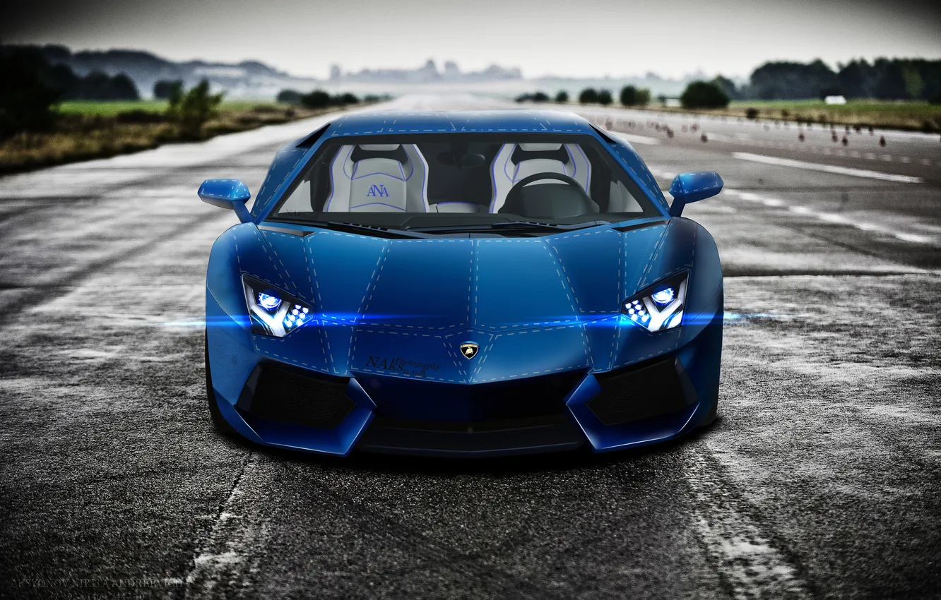 Photo wallpaper blue, Lamborghini, blue, front, LP700-4, Aventador, LB834, runway