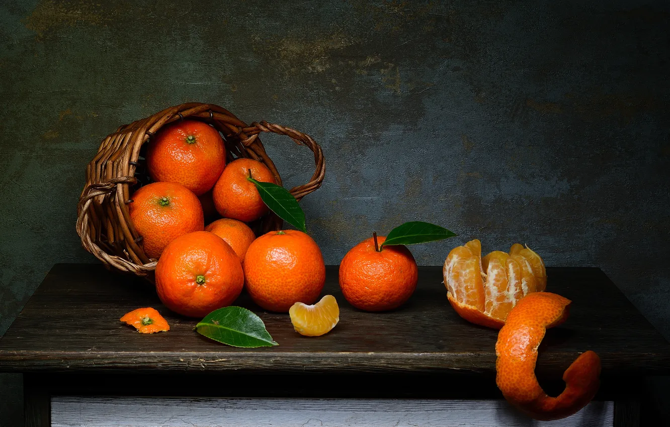 Photo wallpaper basket, slices, tangerines