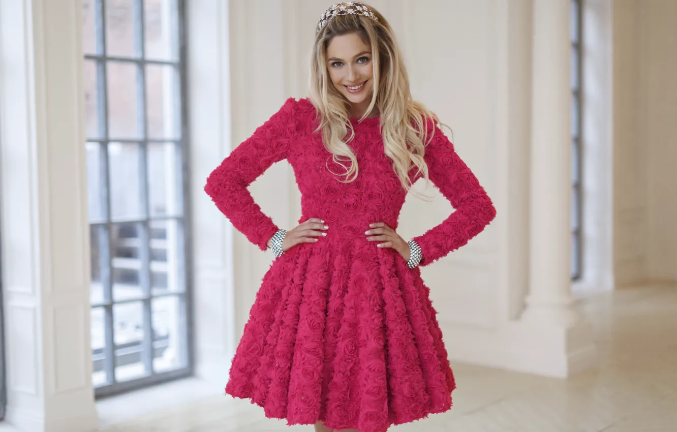 Photo wallpaper girl, flowers, smile, dress, actress, blonde, Natalia Rudova