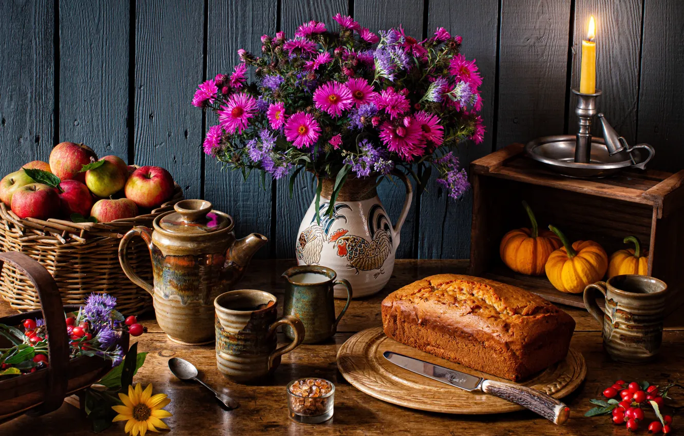 Photo wallpaper flowers, basket, apples, candle, kettle, Cup, pumpkin, pitcher