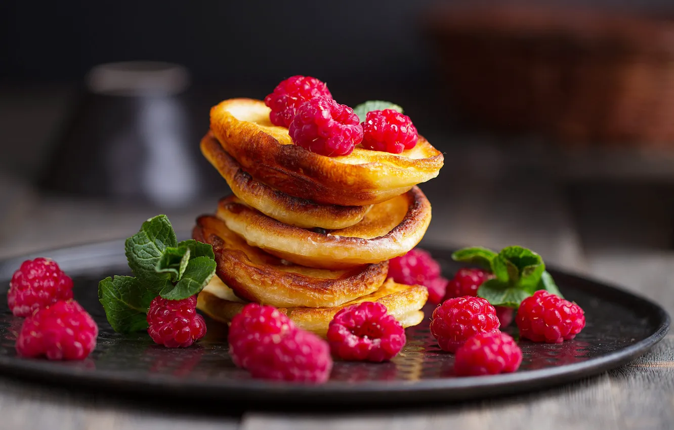 Photo wallpaper berries, raspberry, background, food, mint, tray, bokeh, design
