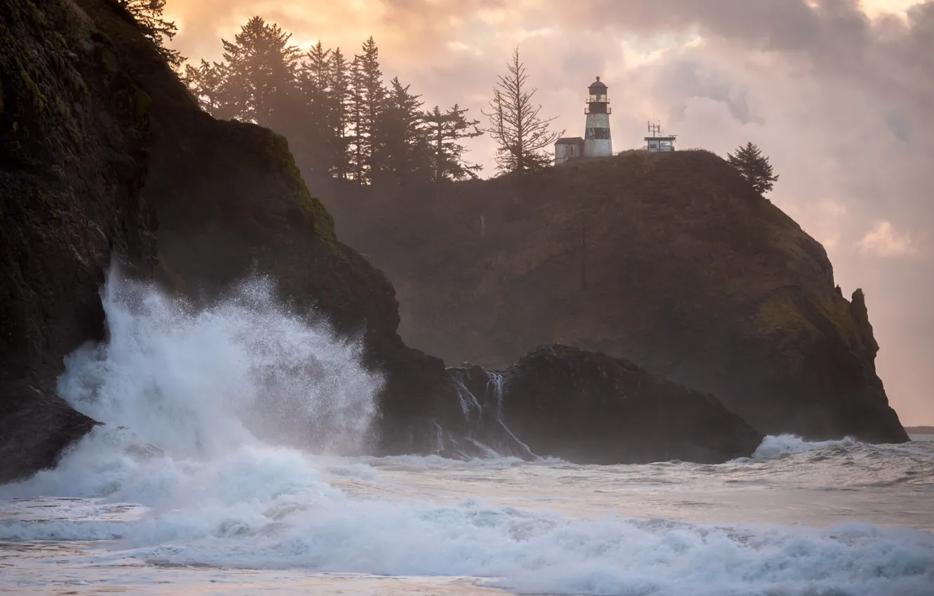 Photo wallpaper sea, clouds, trees, squirt, rocks, shore, lighthouse, surf