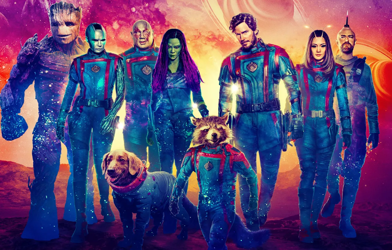 Photo wallpaper dog, Bradley Cooper, VIN Diesel, nebula, Zoe Saldana, Rocket, Mantis, Karen Gillan
