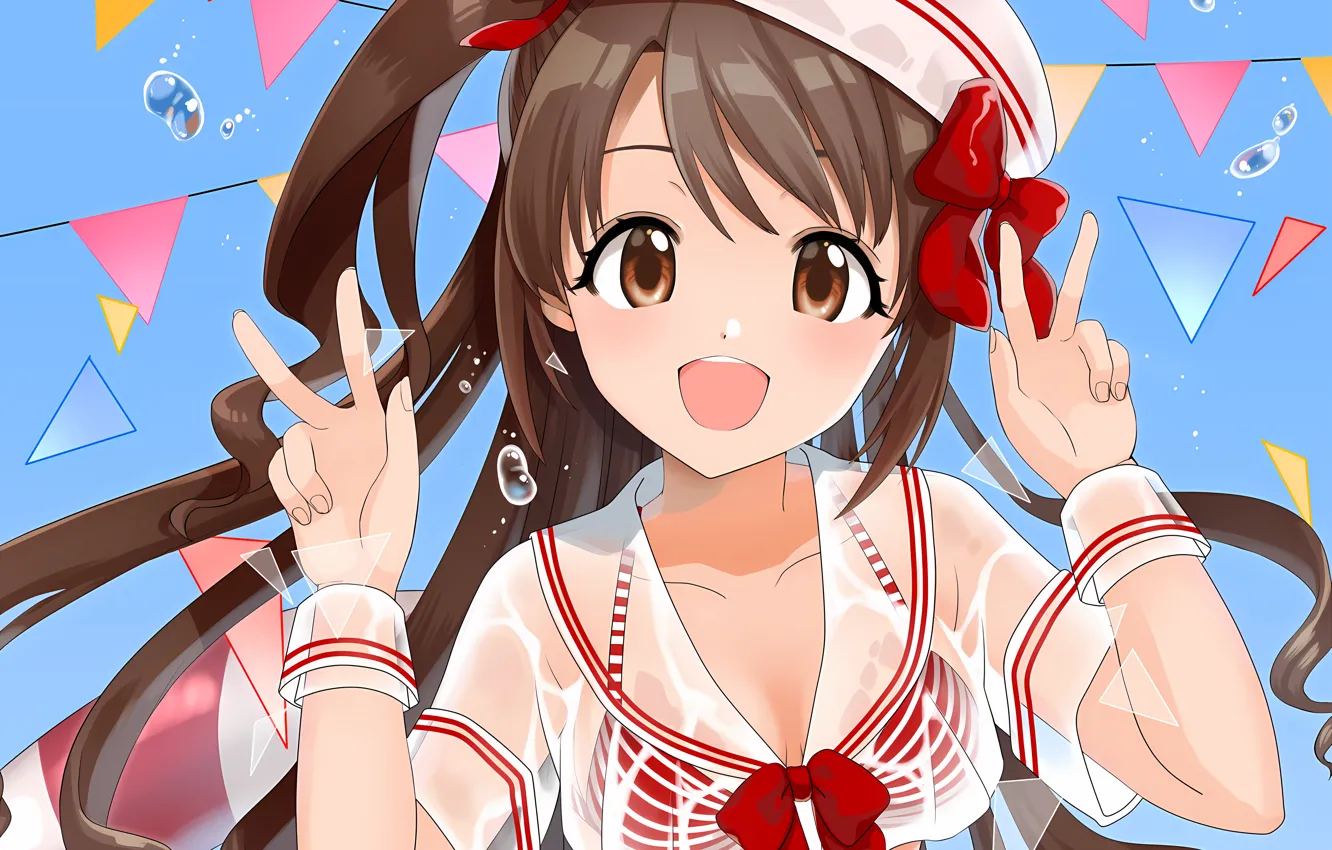 Photo wallpaper girl, sexy, cleavage, long hair, brown hair, brown eyes, boobs, anime