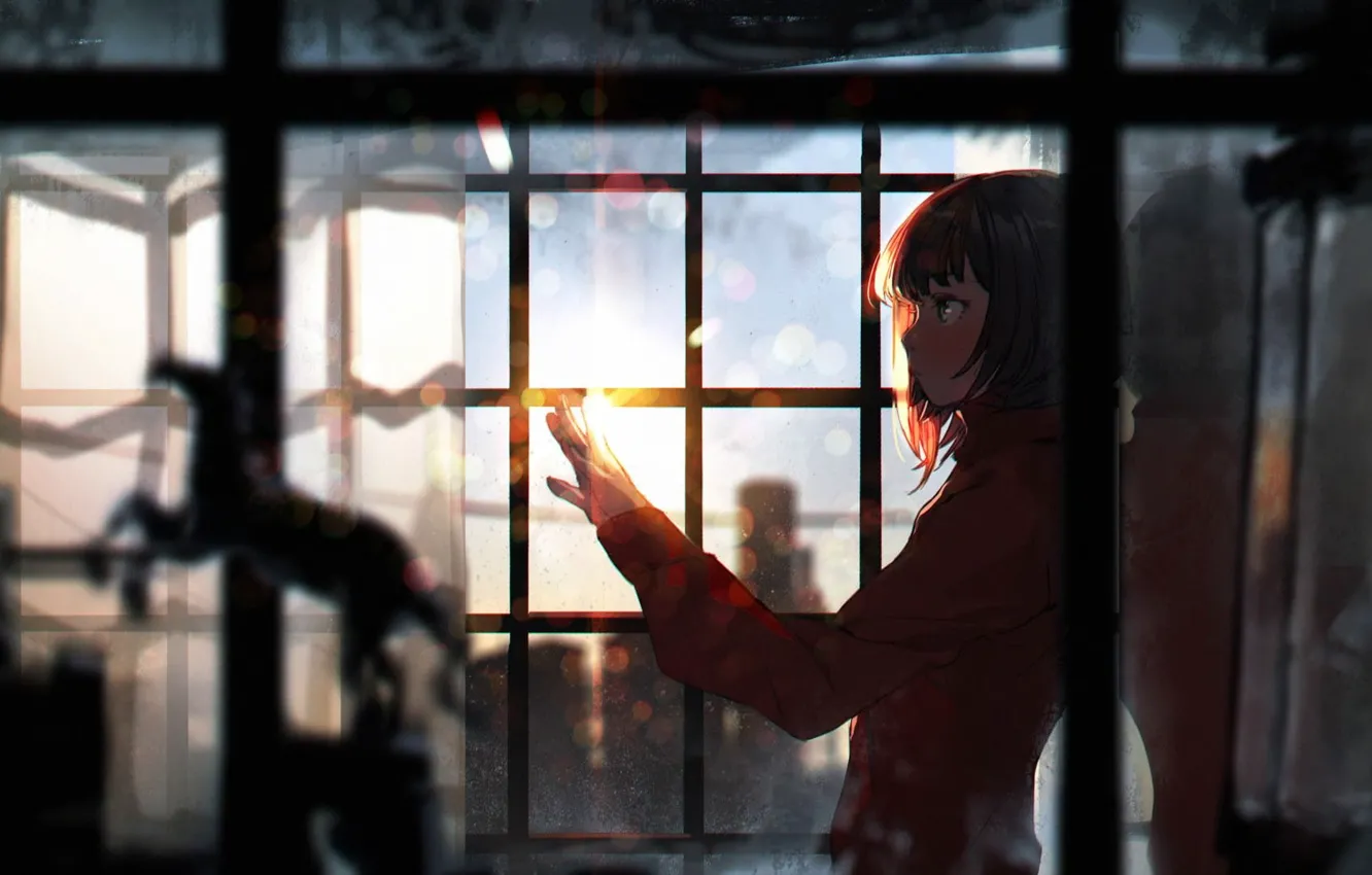 Photo wallpaper girl, anime, figure, window, gesture, a beam of light