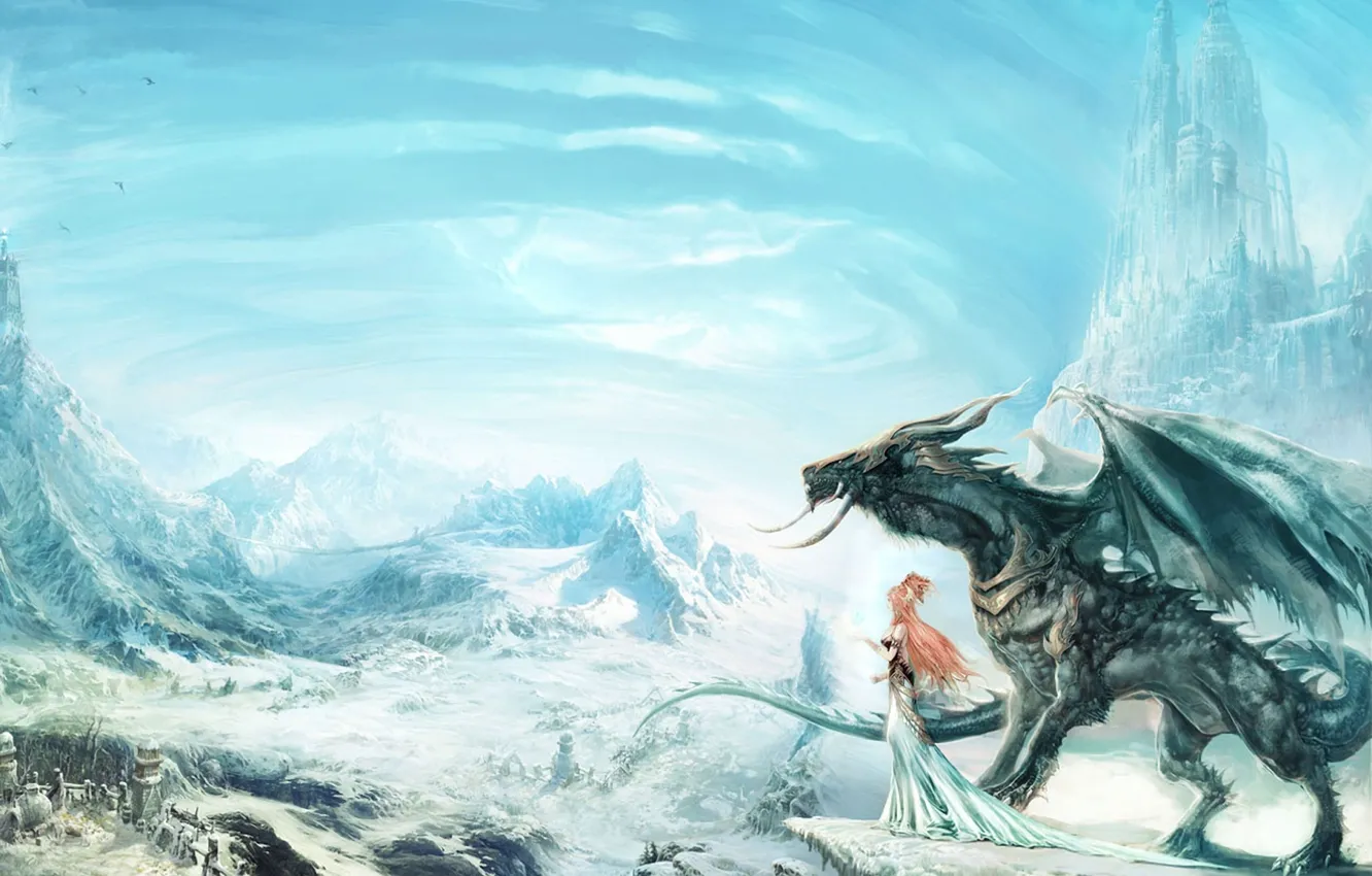 Photo wallpaper girl, snow, castle, rocks, dragon, village, art, red