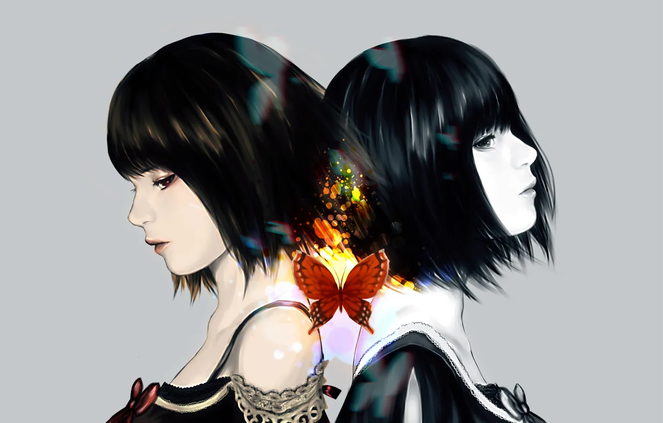 Photo wallpaper girls, butterfly, art, grey background, fatal frame 2, hag, amakura mio, amakura mayu