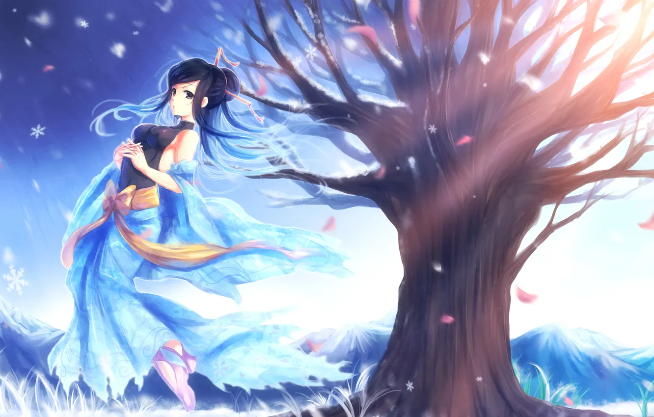 Photo wallpaper girl, trees, mountains, snowflakes, petals, art, with with