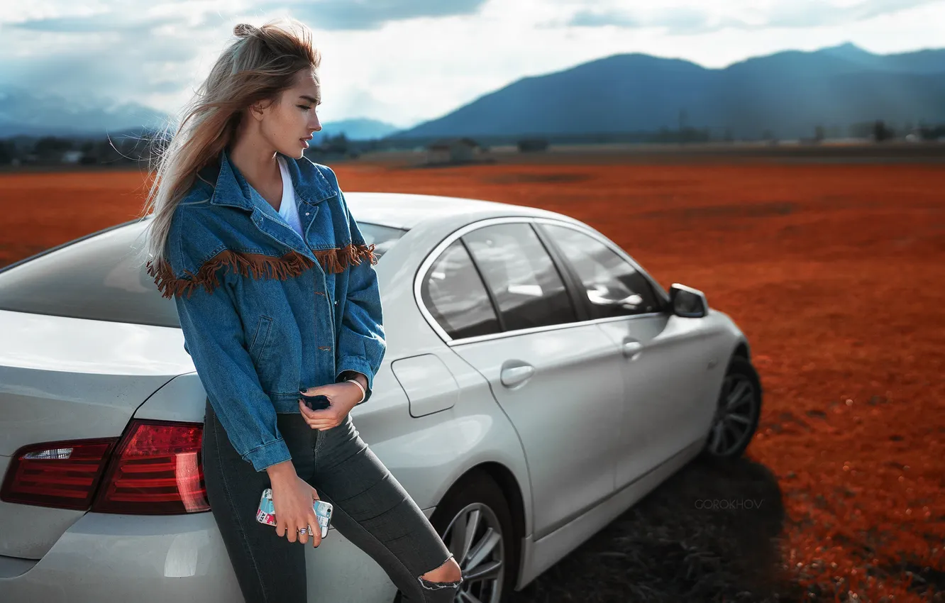 Photo wallpaper car, girl, legs, beautiful, view, model, hair, body