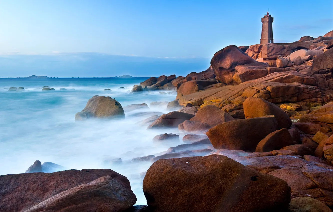 Photo wallpaper sea, the sky, stones, shore, lighthouse, tower