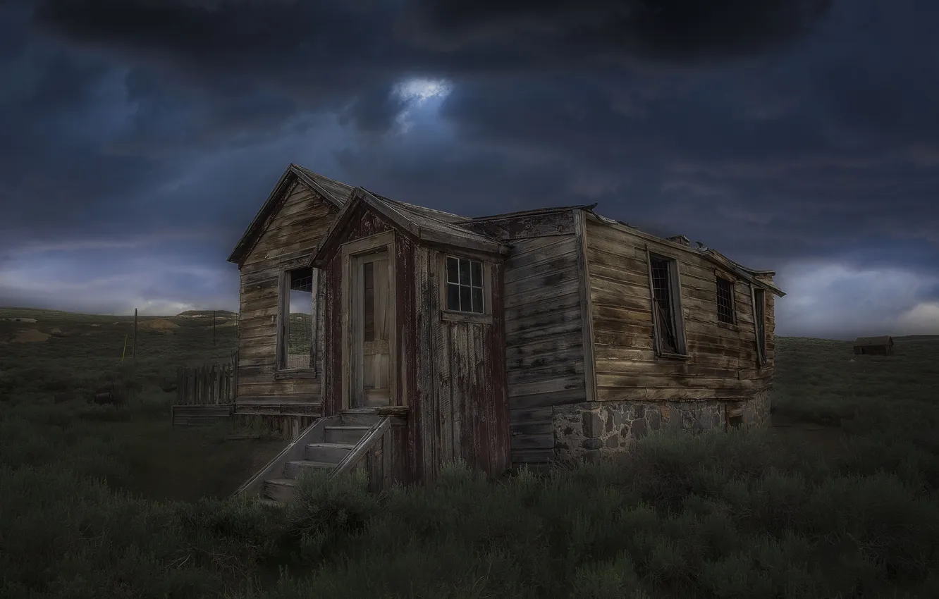 Photo wallpaper field, the sky, night, clouds, home, ladder, abandoned, wooden