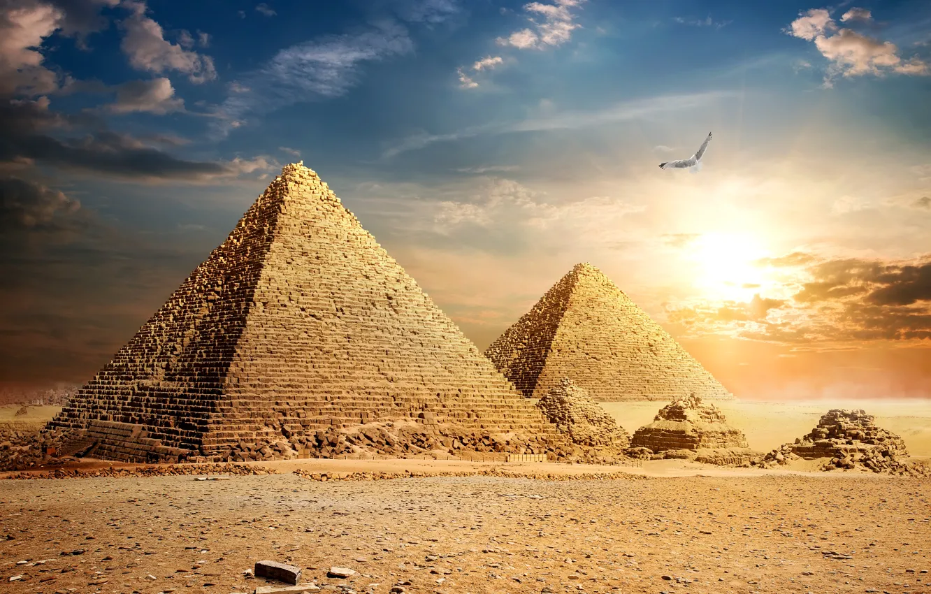 Photo wallpaper the sky, the sun, clouds, stones, bird, desert, Egypt, pyramid