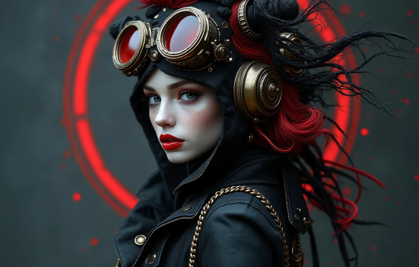 Photo wallpaper look, girl, face, portrait, glasses, steampunk, AI art, neural network