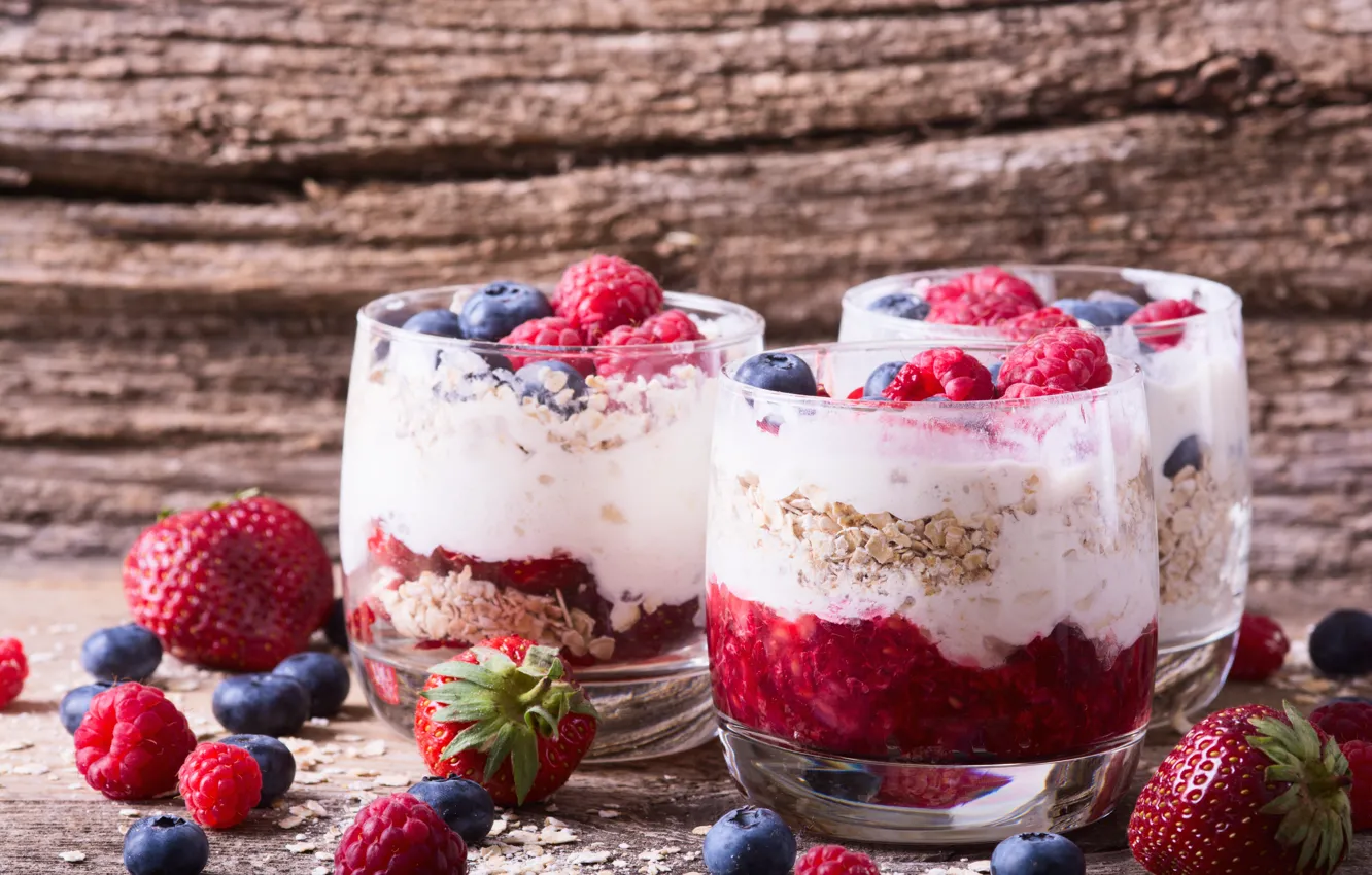 Photo wallpaper berries, raspberry, currants, cereal, yogurt