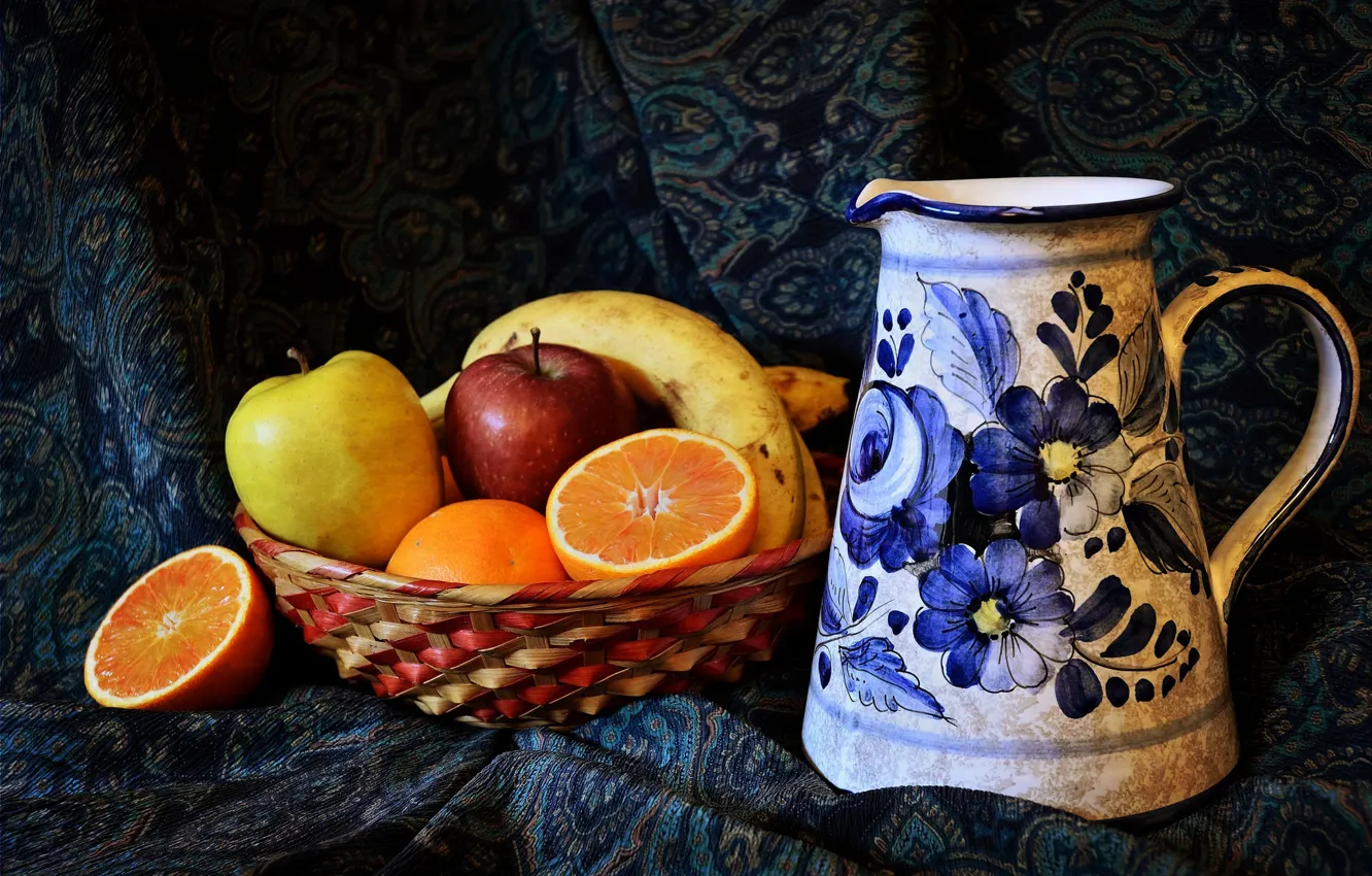 Photo wallpaper Apple, orange, pitcher, fruit, banana, quince