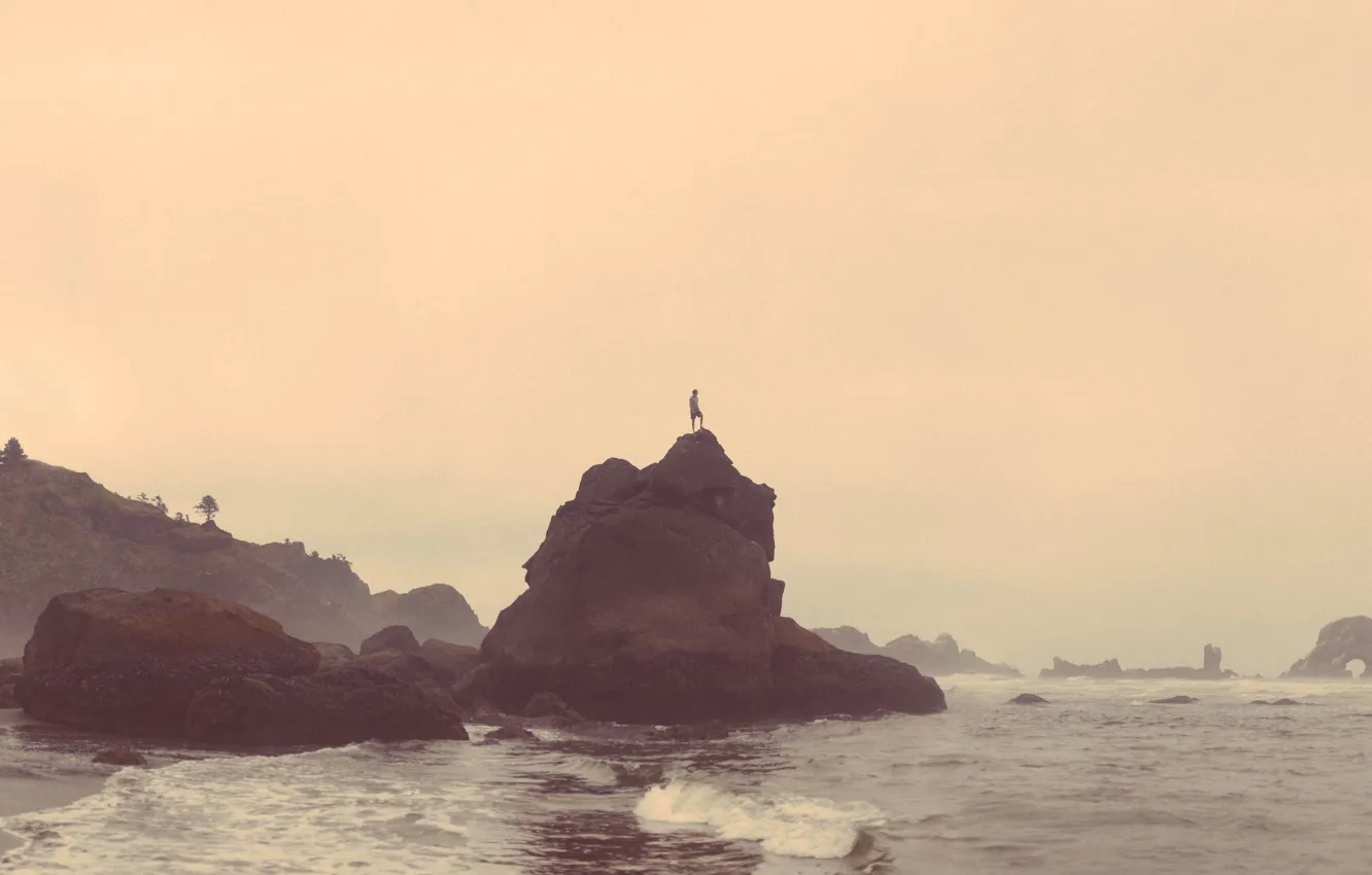 Photo wallpaper wave, beach, fog, stones, male, rainy