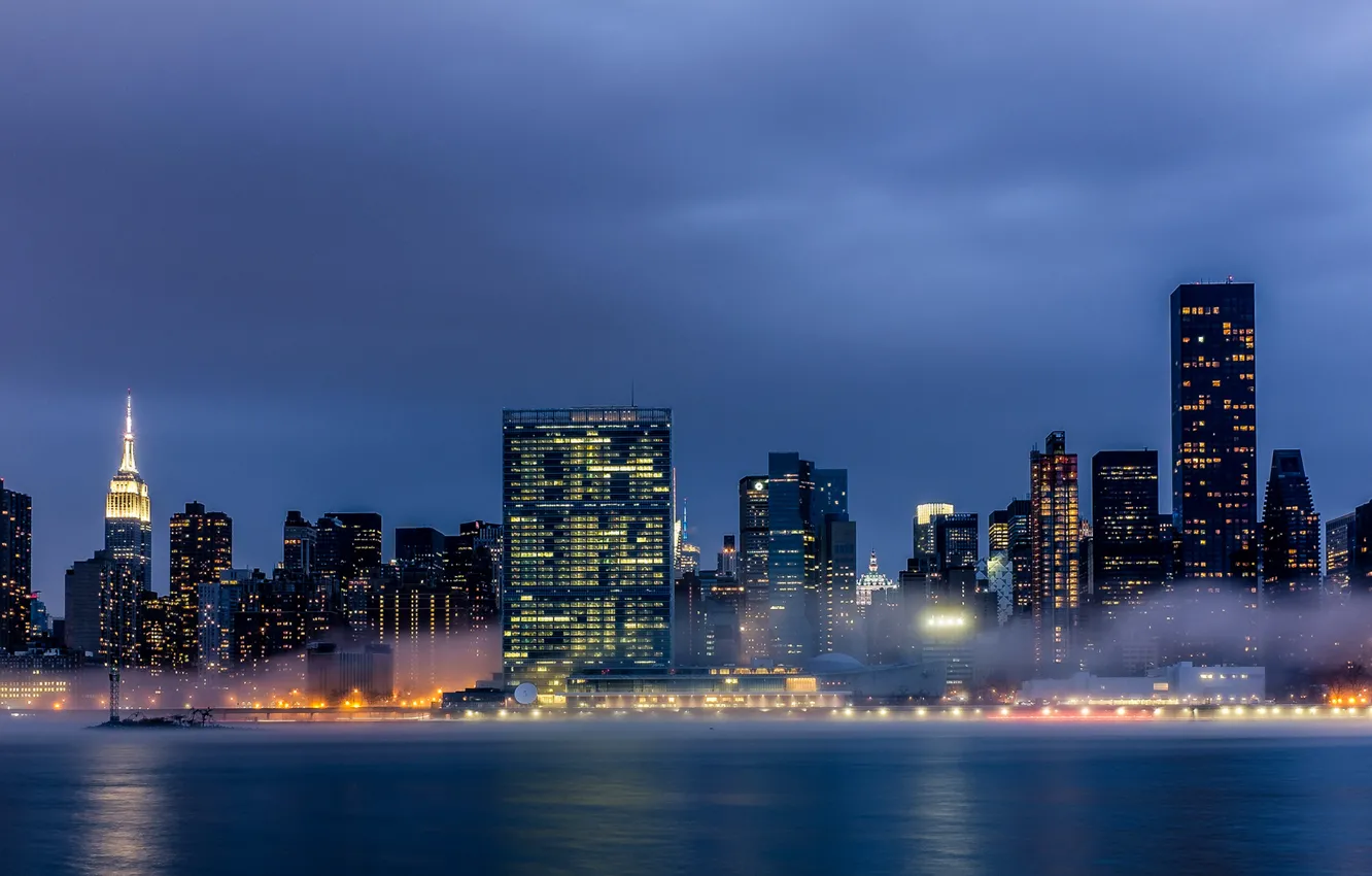 Photo wallpaper the city, lights, fog, building, New York, skyscrapers, the evening, USA