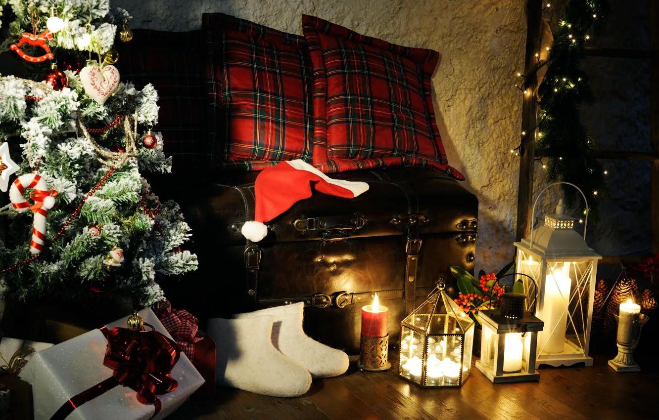 Photo wallpaper decoration, gift, toy, tree, new year, Christmas, fireplace, Christmas