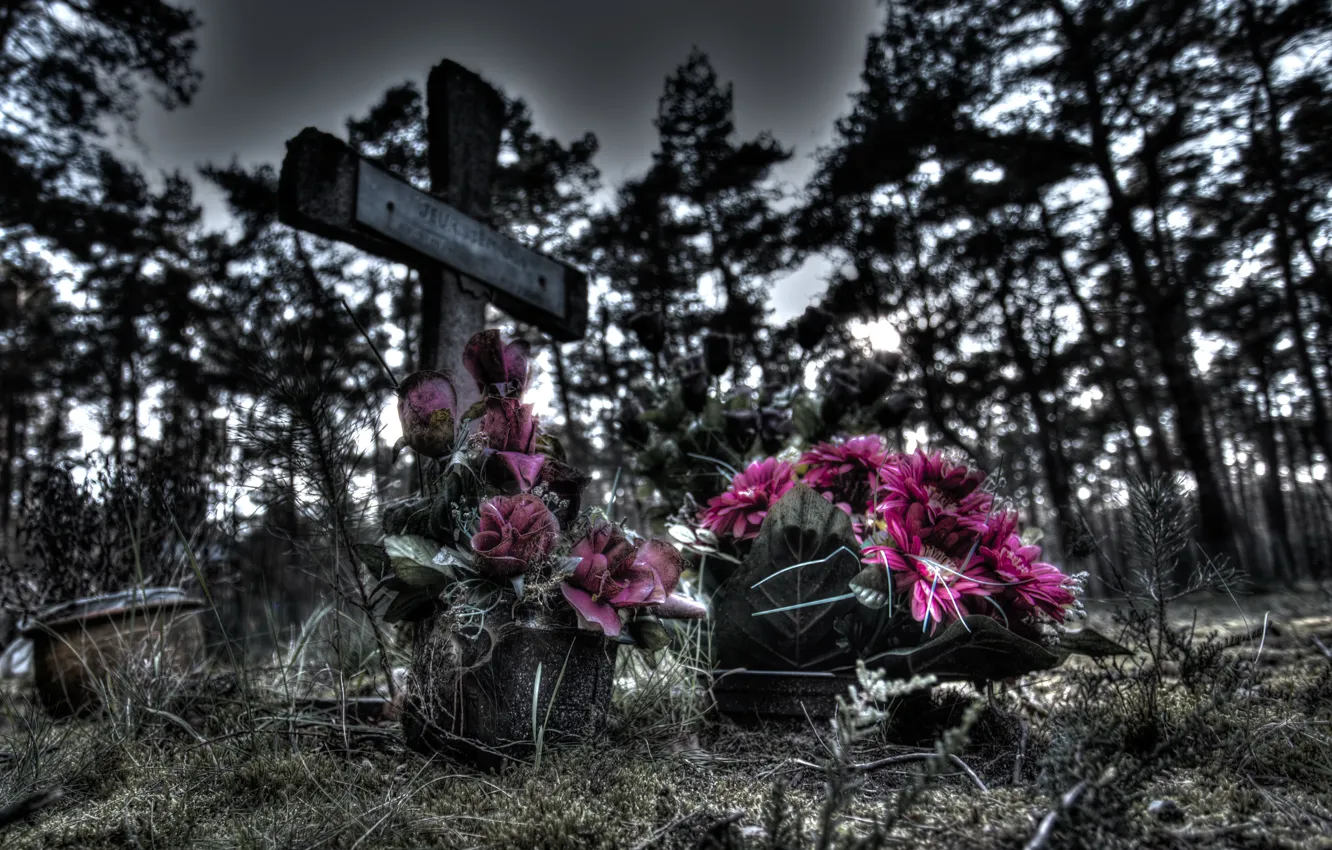 Photo wallpaper flowers, cross, cemetery