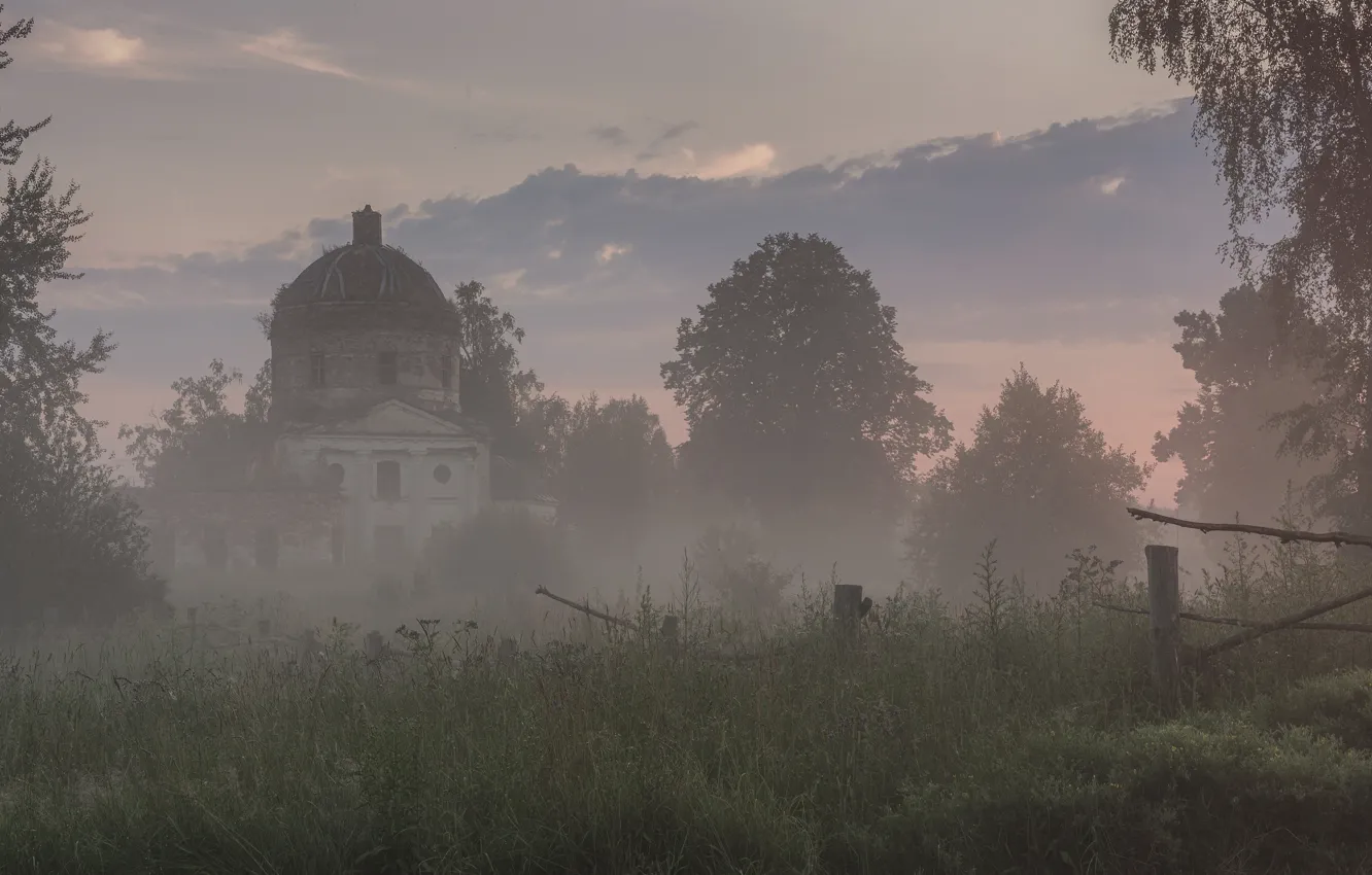 Photo wallpaper fog, dawn, morning, Russia, twilight, Tver oblast, abandoned church