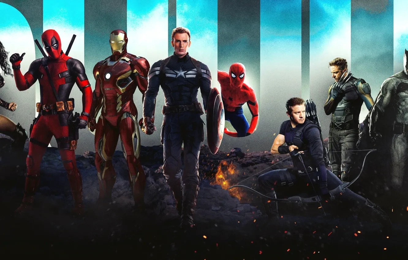 Photo wallpaper Batman, iron man, deadpool, spider-man, superheroes, Wolverine, Hawkeye, wonder woman