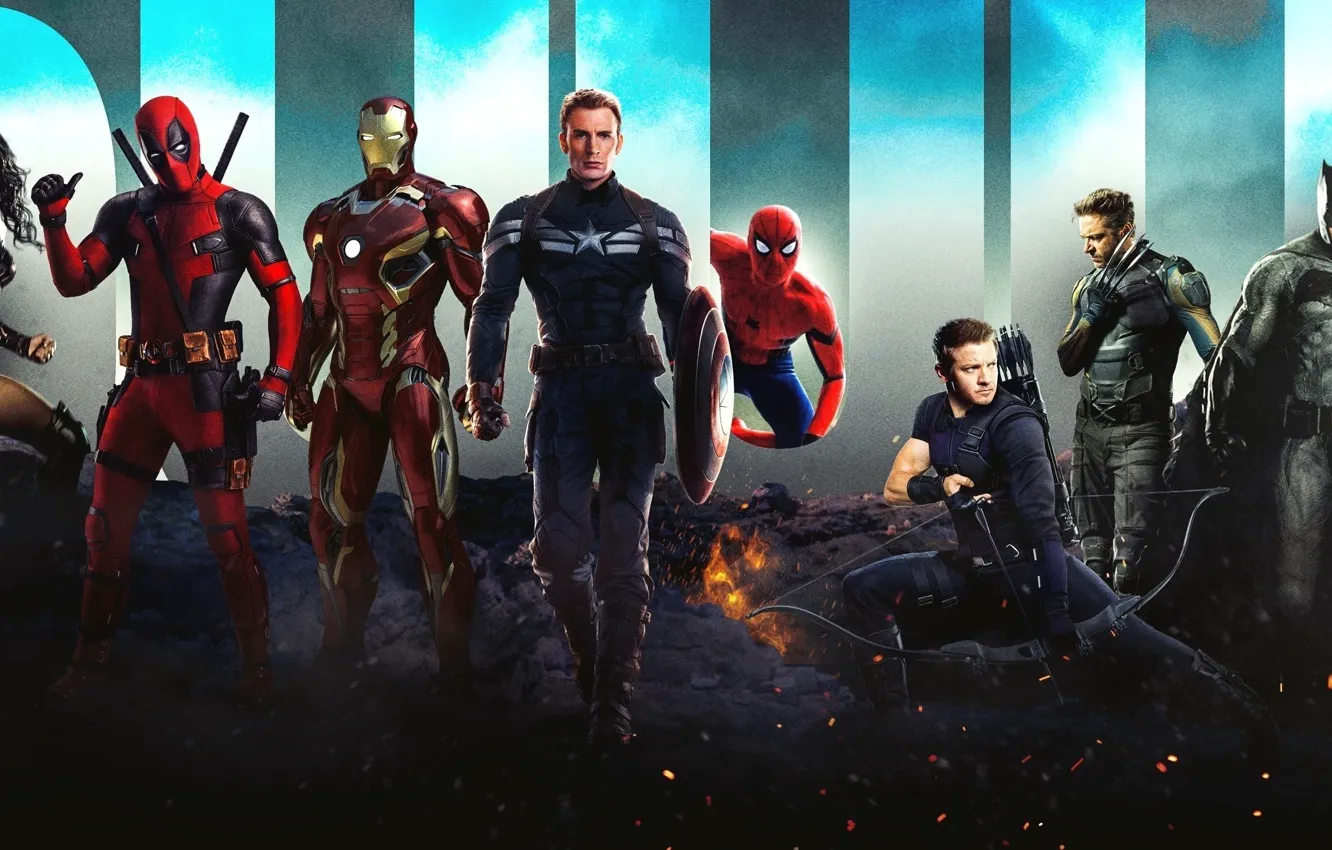 Photo wallpaper Batman, Wolverine, superhero, iron man, Deadpool, spider-man, Hawkeye, wonder woman