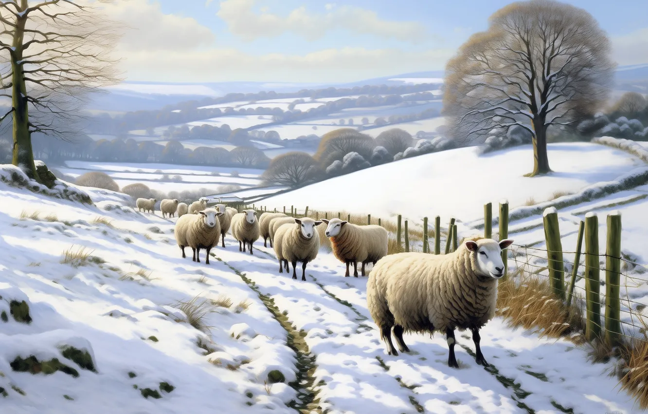 Photo wallpaper winter, snow, sheep, flock