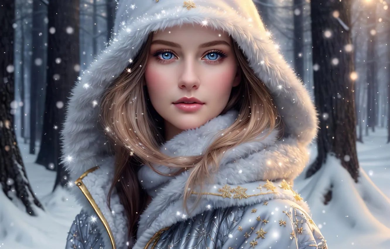 Photo wallpaper winter, forest, look, girl, light, snow, trees, snowflakes