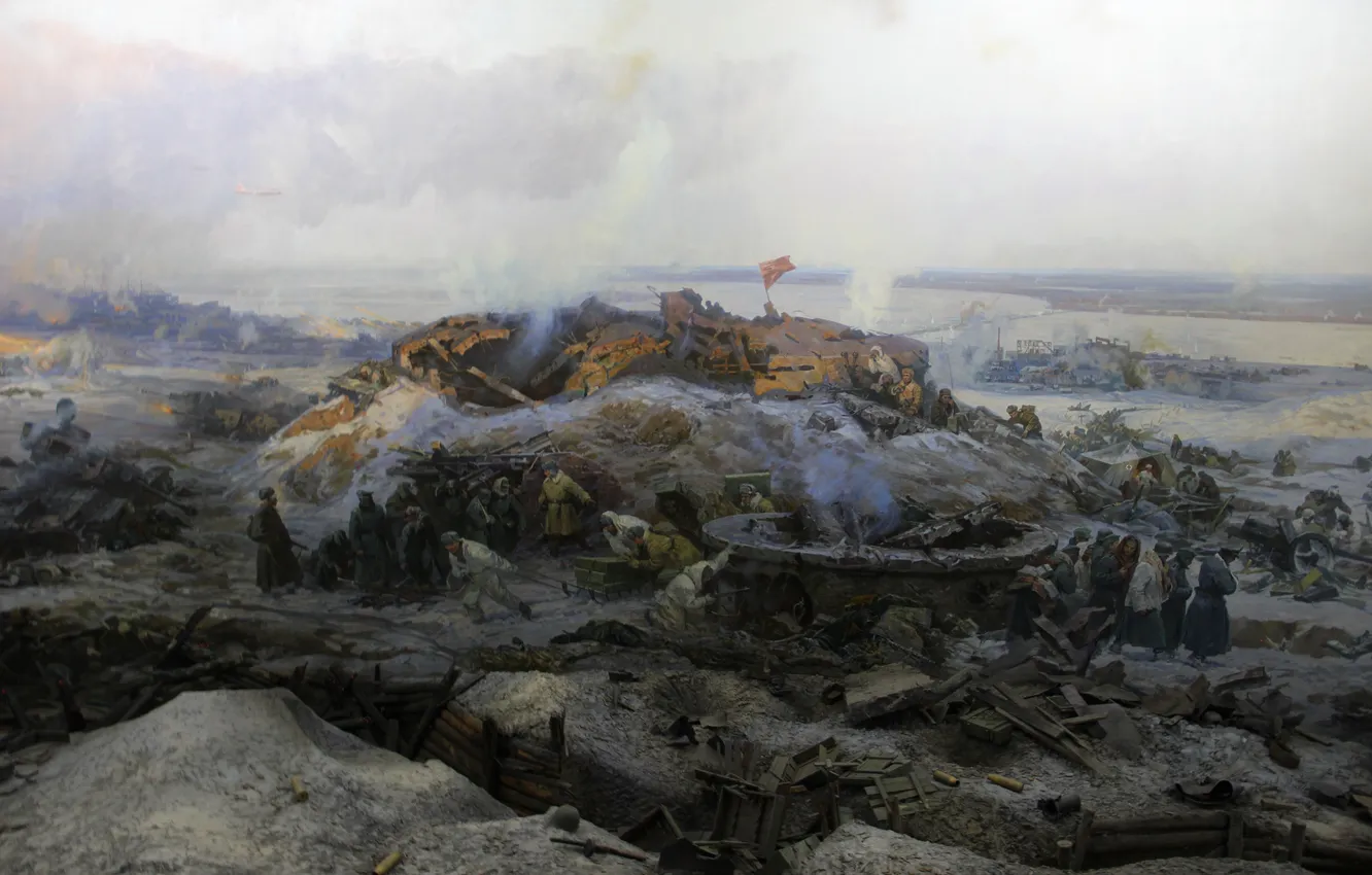 Photo wallpaper Winter, Snow, War, Panorama, Flag, Picture, Soldiers, Fragment