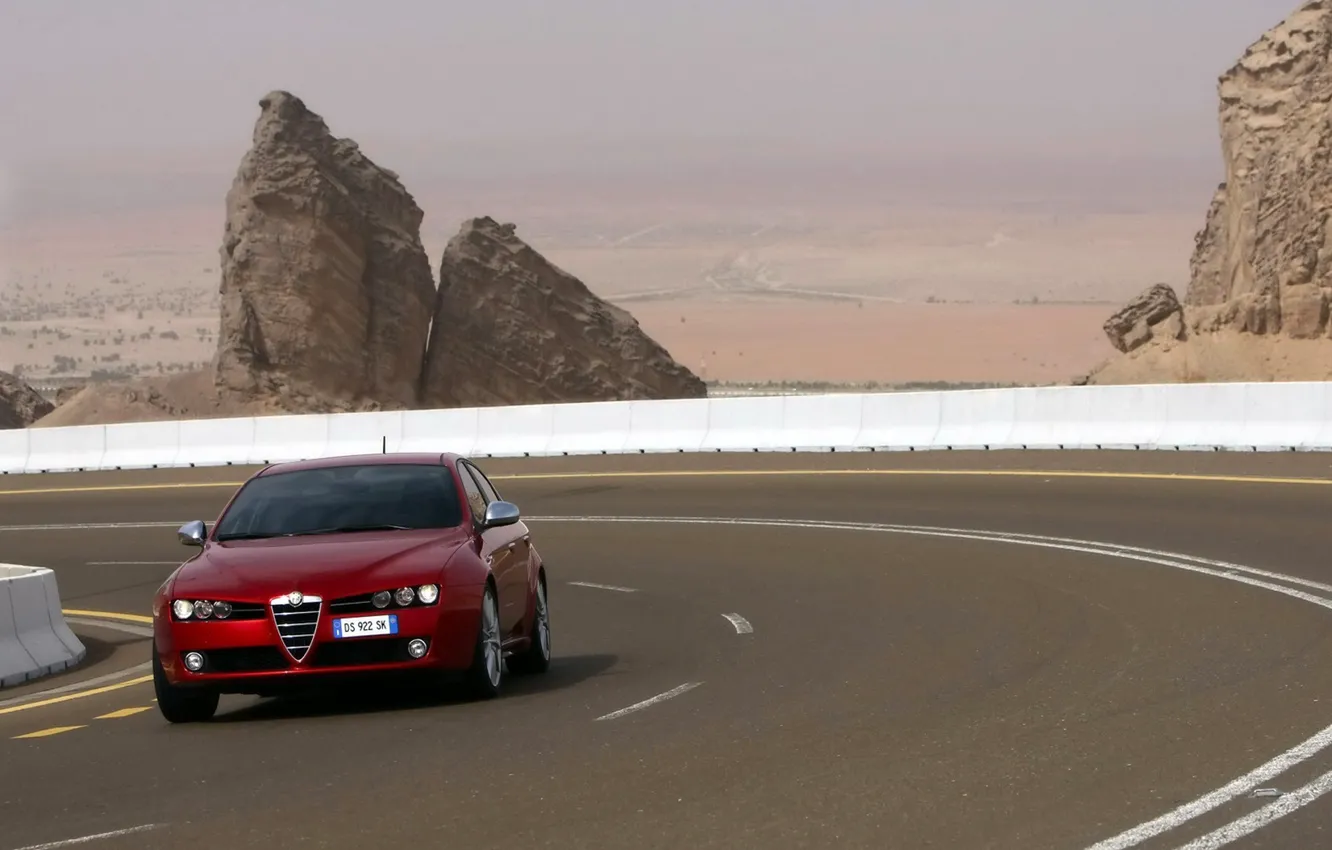 Photo wallpaper road, red, rocks, valley, Alfa Romeo