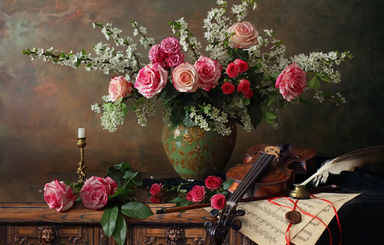 Photo wallpaper flowers, branches, notes, pen, violin, roses, candle, vase