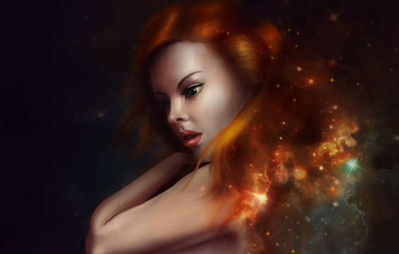 Photo wallpaper look, girl, stars, face, the universe, hair, art, red