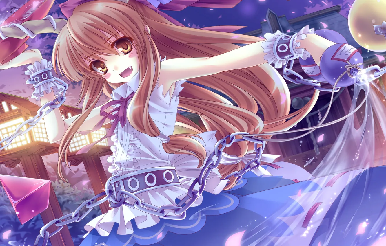 Photo wallpaper water, girl, joy, night, magic, petals, Sakura, chain