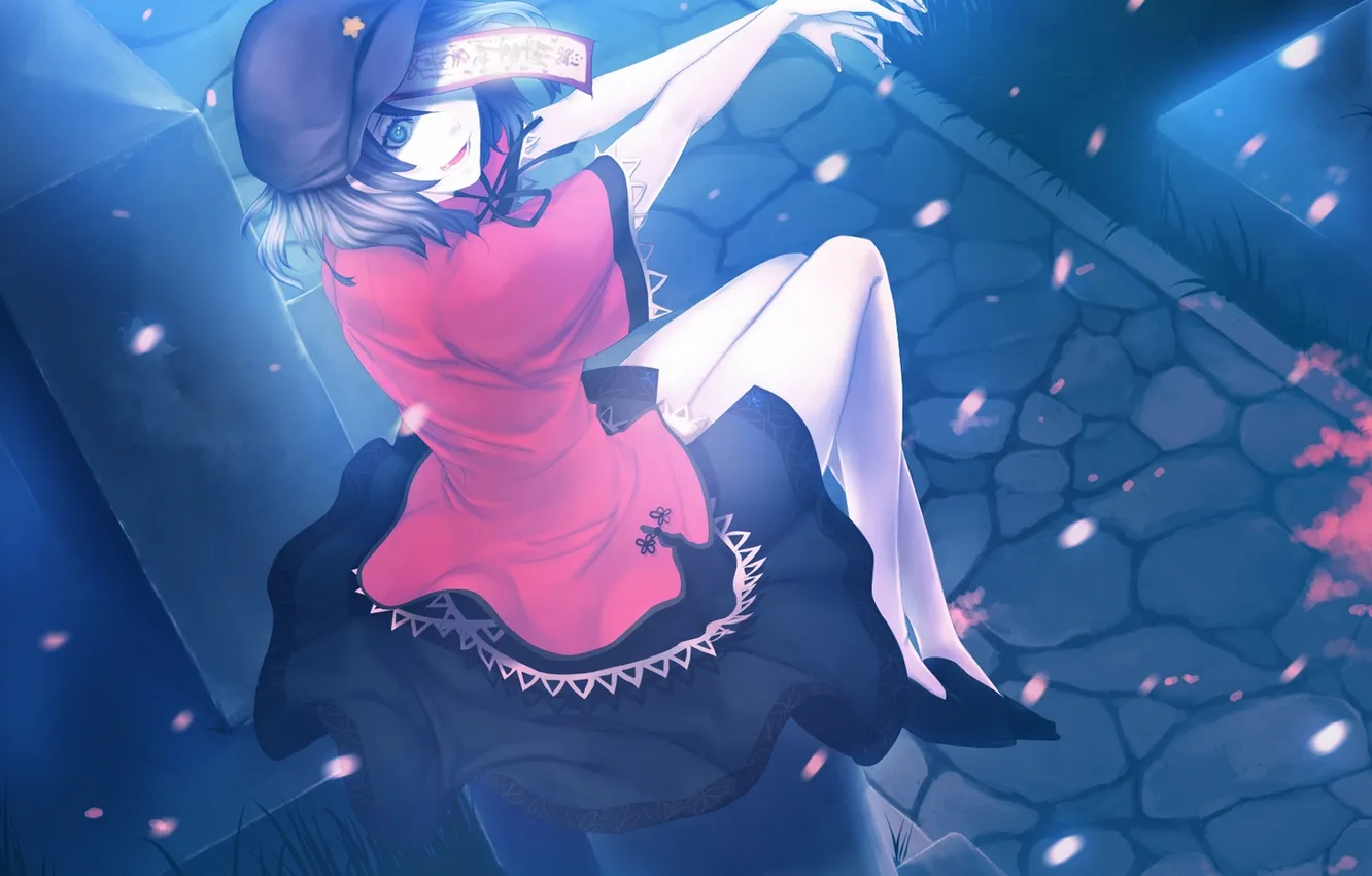 Photo wallpaper girl, night, the inscription, petals, Sakura, art, cemetery, touhou