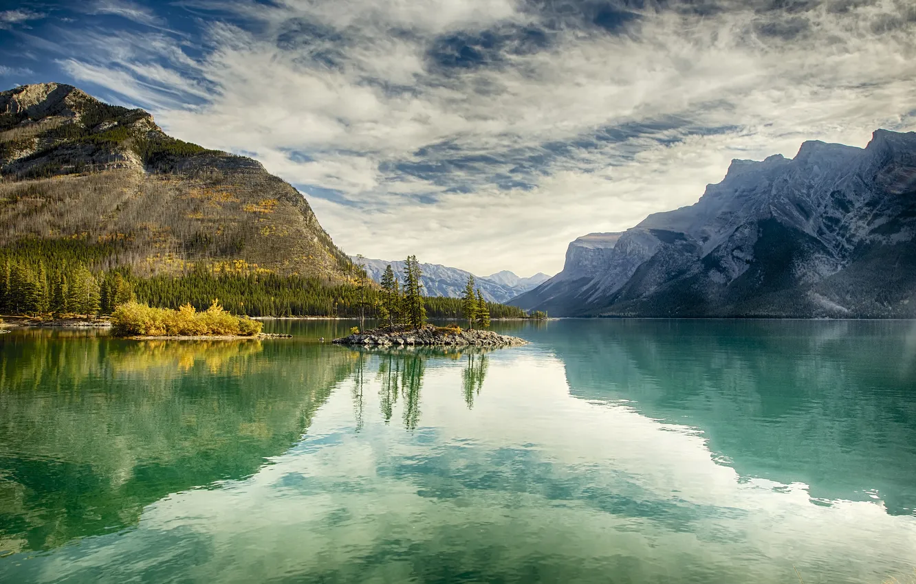 Photo wallpaper autumn, trees, landscape, mountains, lake, island, Canada, Albert