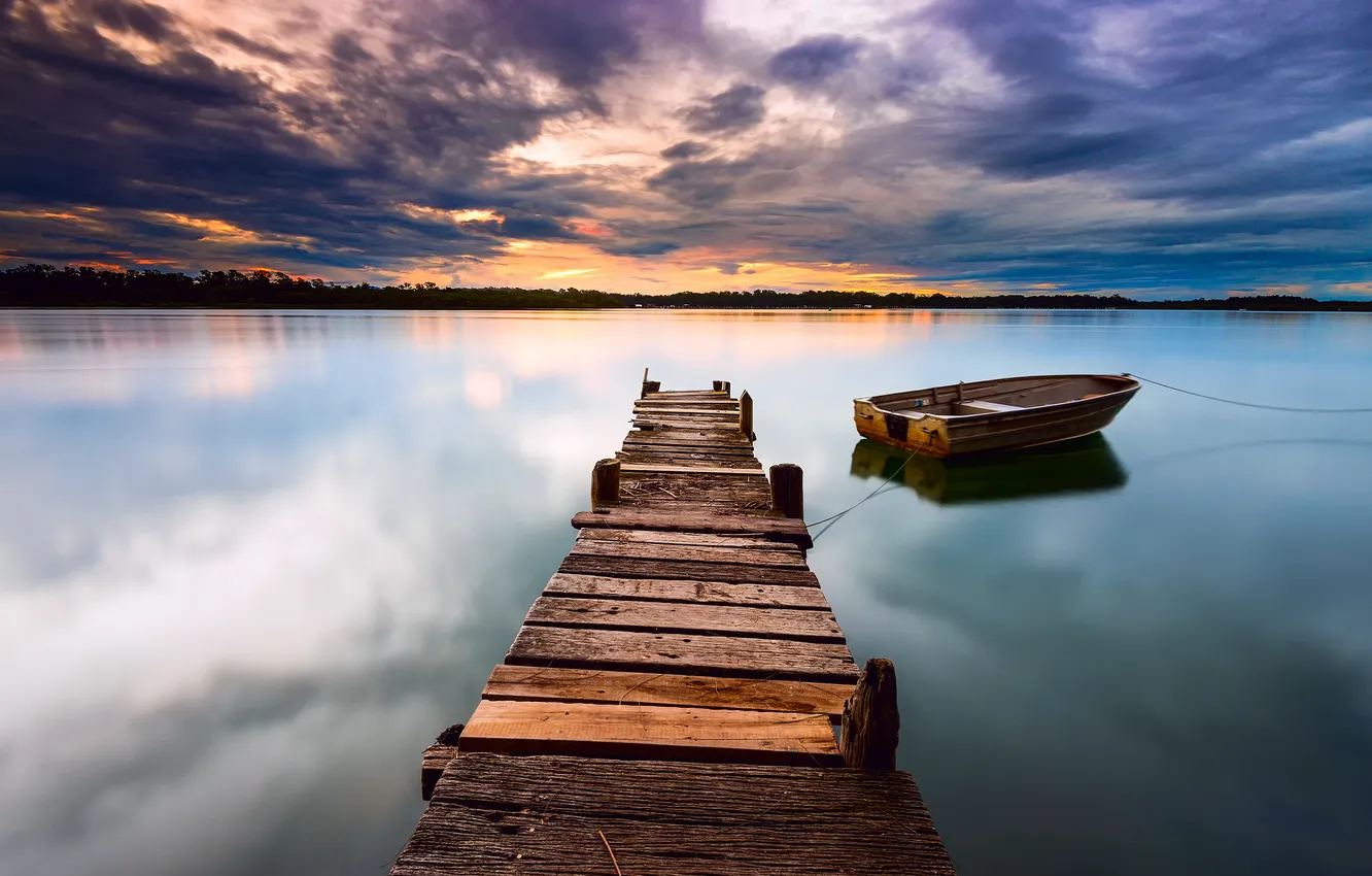 Photo wallpaper the sky, clouds, sunset, clouds, lake, surface, boat, the evening