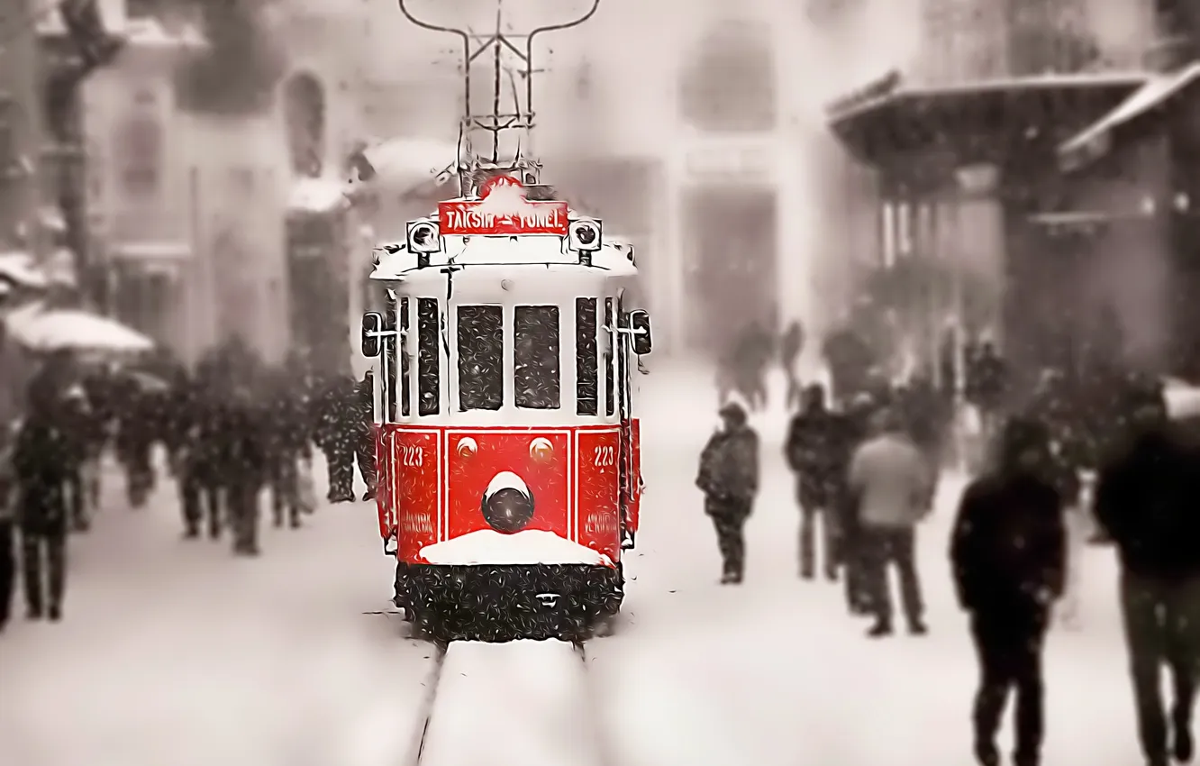 Photo wallpaper winter, snow, people, rails, tram