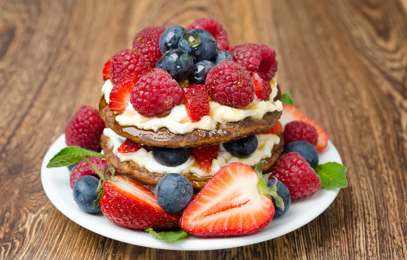 Photo wallpaper berries, raspberry, strawberry, pancakes, cream, blueberries