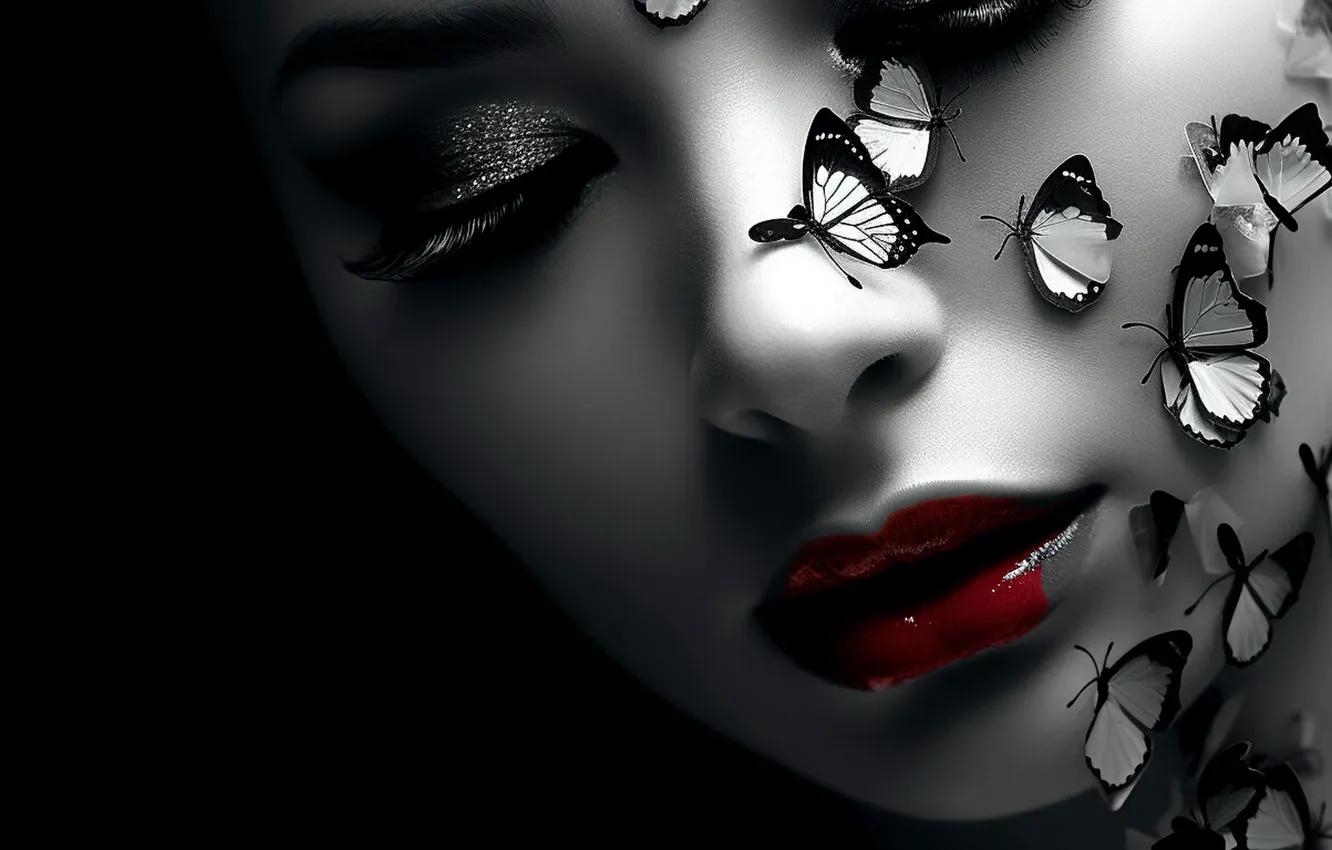 Photo wallpaper girl, face, portrait, black background, AI art, neural network