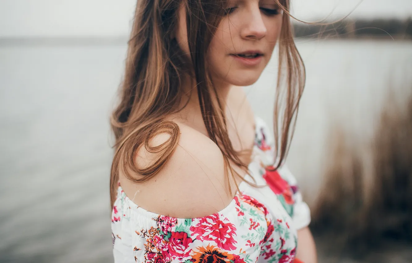 Photo wallpaper sea, hair, Girl, dress, shoulders