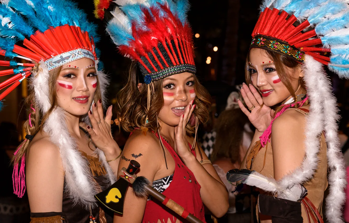 Photo wallpaper girl, face, style, feathers, Asian, paint, headdress