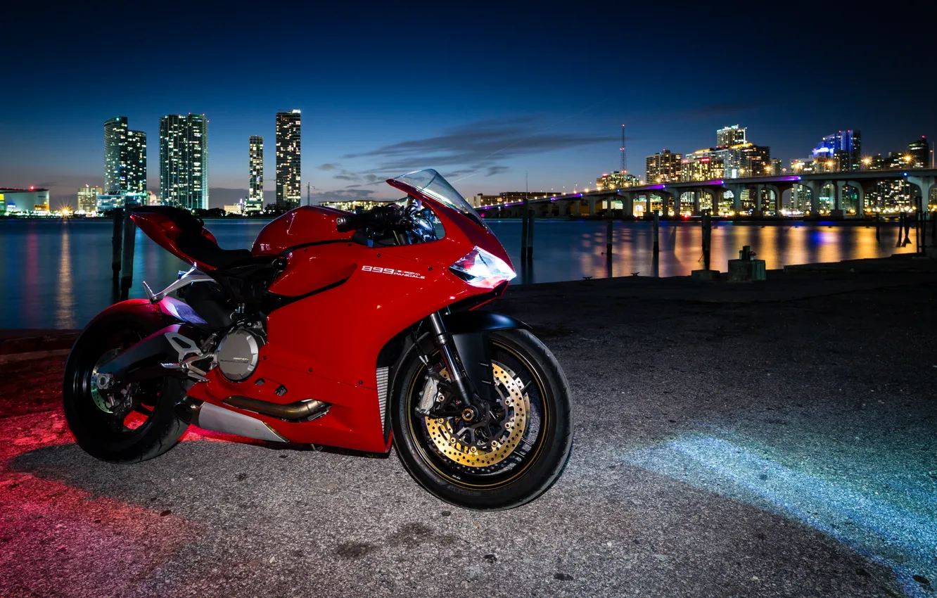 Photo wallpaper red, the city, lights, motorcycle, red, twilight, ducati, Ducati