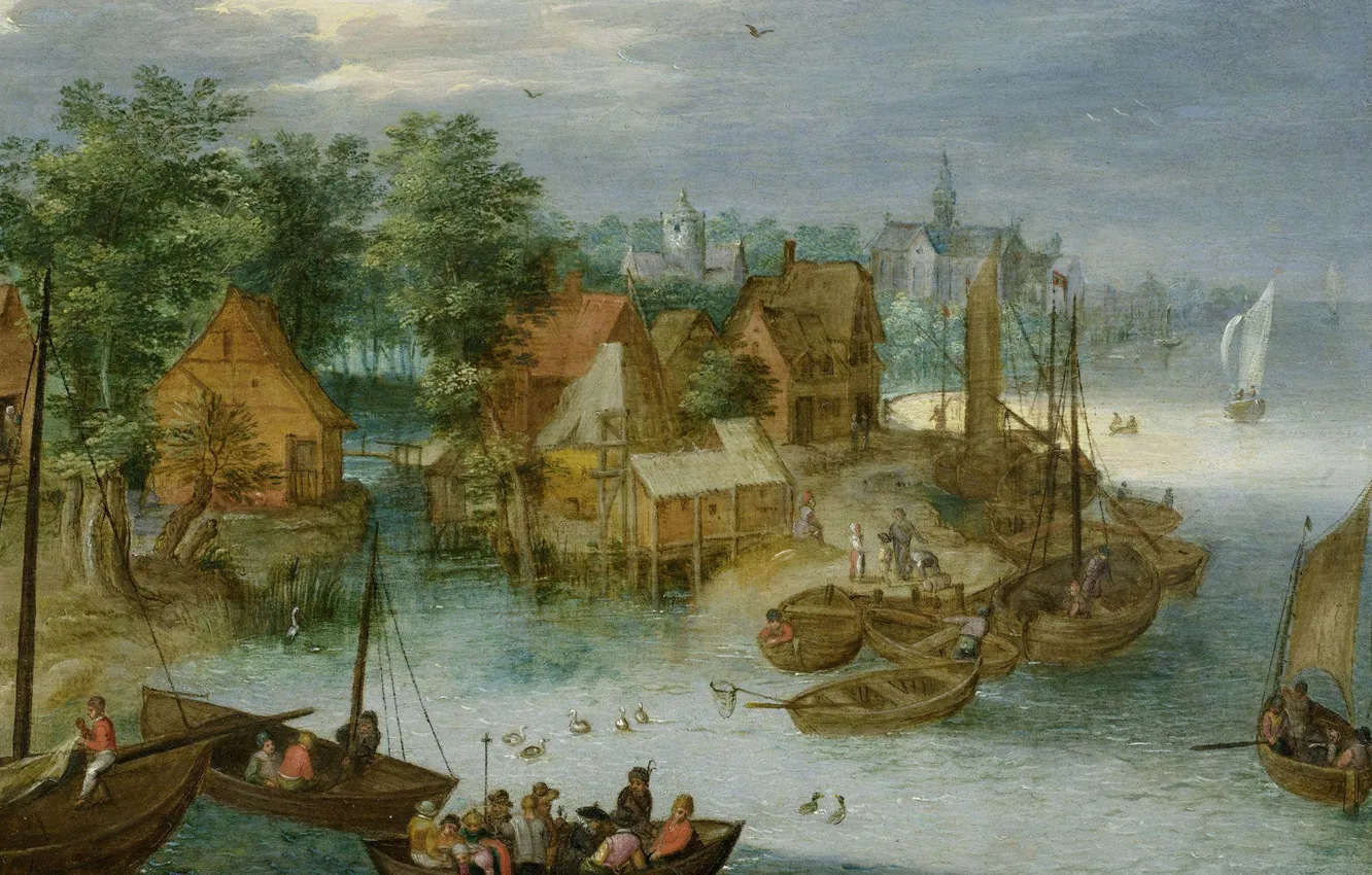 Photo wallpaper landscape, picture, Jan Brueghel the elder, Fishing Village on Water