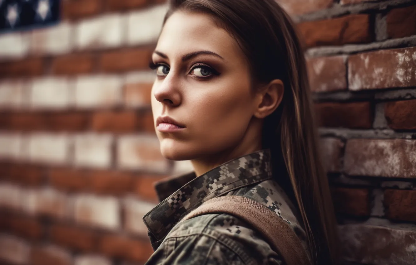 Photo wallpaper look, girl, face, eyelashes, wall, portrait, brick, makeup